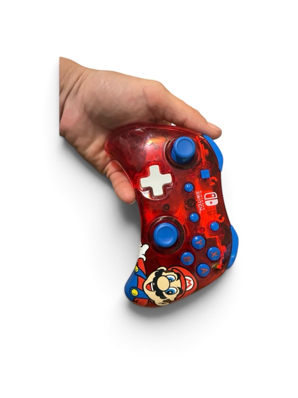 Nintendo Red Translucent Wireless Controller with Blue Accents and Mario Art